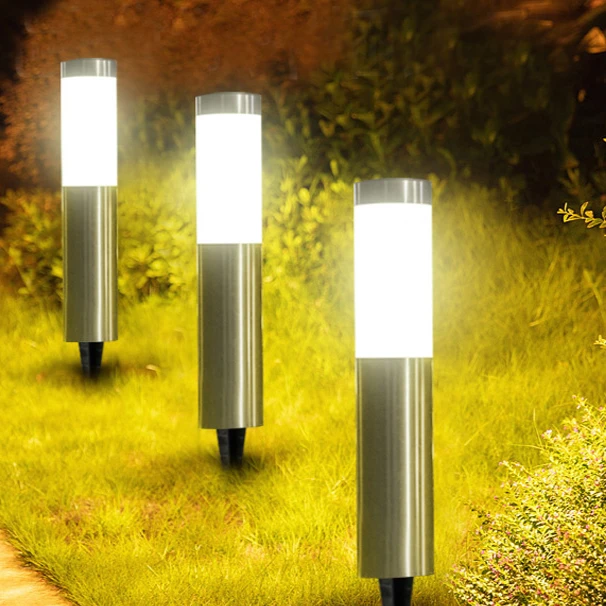 

Solar Powered Stainless Steel 3 LED Lamp For Modern Courtyard Outdoor Garden Cylindrical Outdoor Waterproof Lawn Light