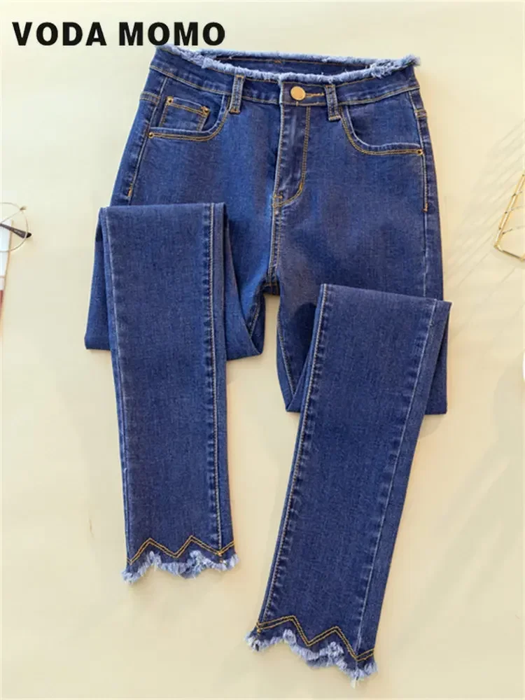 Women Casual Slim Ankle-length Denim Pants Korean Vaqueros Leggings Pantalones Stretch Jeansy High Waist Tassel Pencil Jeans