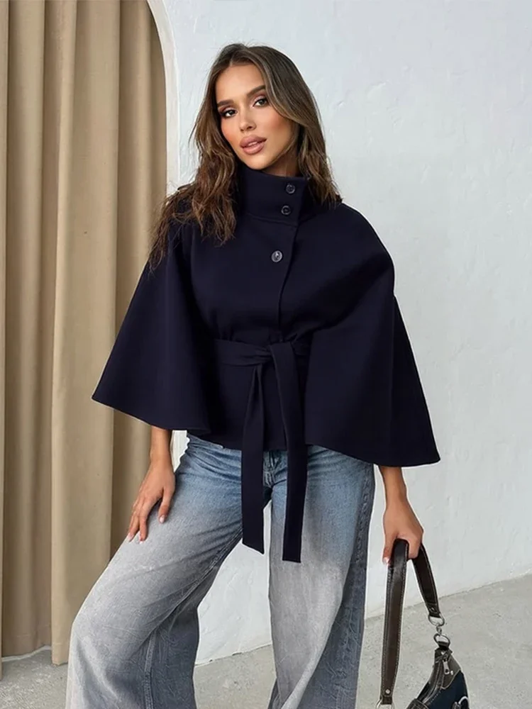 Abrigos elegantes de lana para mujer, chaquetas con botones y cordones de manga larga con soporte liso, prendas de vestir exteriores para otoño e invierno, Tops para mujer 2025