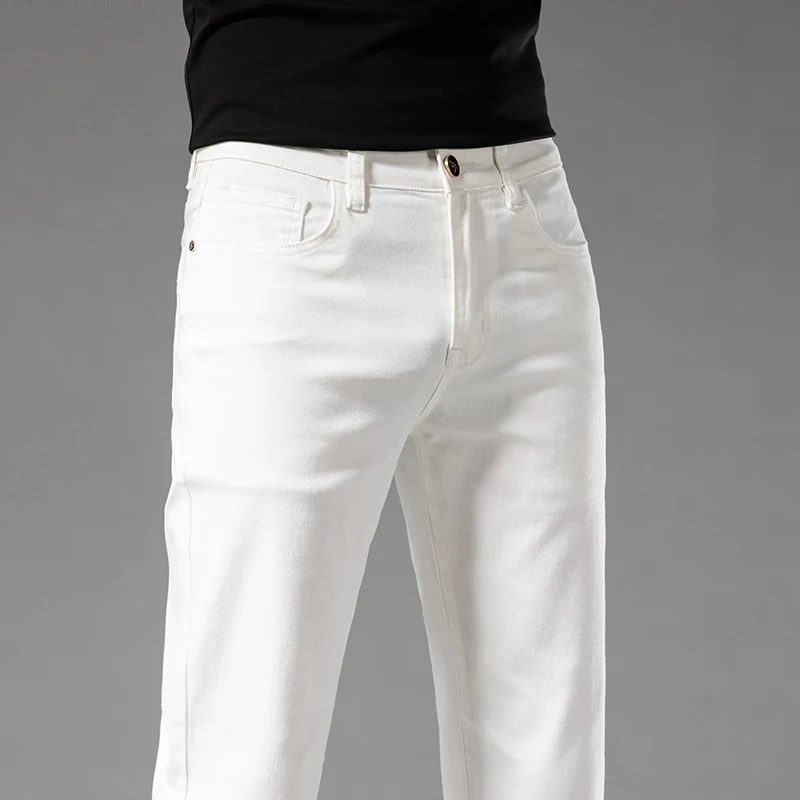 White Jeans Men's 2024 New Straight Slim-Fitting Simple Fashion High-End Quality Stretch Casual Trousers