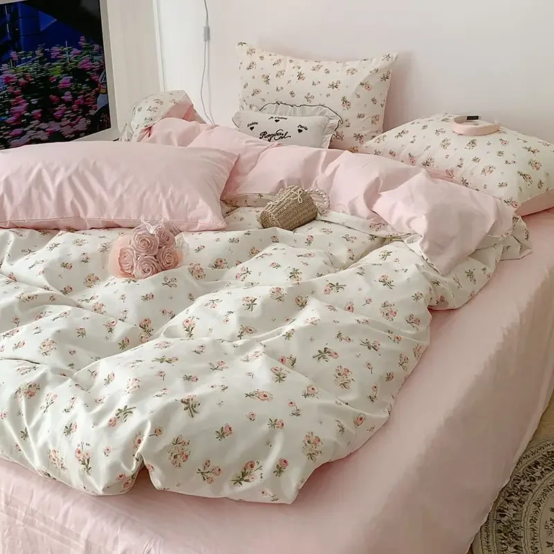 Pink floral bedding set soft ins single double queen size duvet cover flat sheet pillowcase girls home totel bed linens