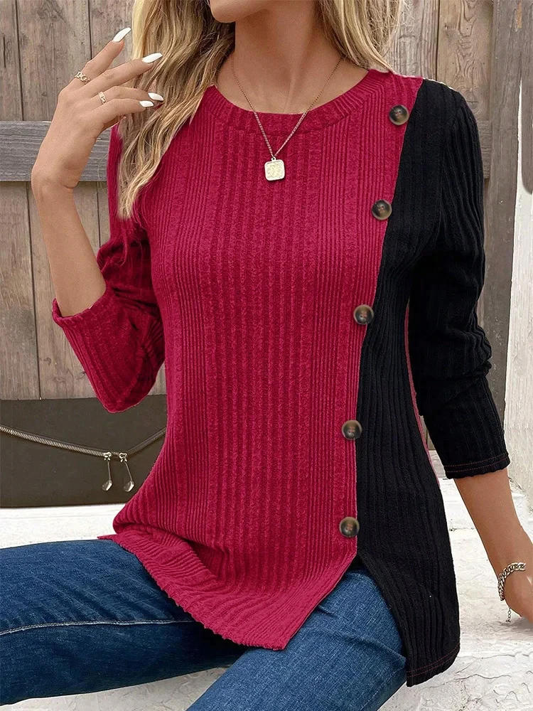 Women's Round Neck Long Sleeved Color Blocked Button T-shirt Daily Office Casual Comfortable Autumn Top