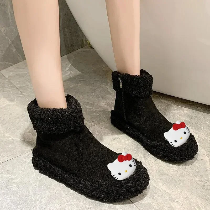 여성용 플랫 부츠 신발 안티 스키 양 컬 울 Sanrio 헬로 키티 겨울 캐주얼 신발 새로운 열 양털면 신발