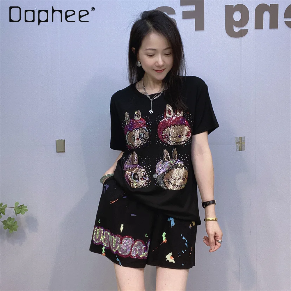 

Summer Casual Sports Style Black Hot Diamond Shorts Set 2025 New High Elastic Skinny Short Sleeve T-Shirt Two-piece Set Women