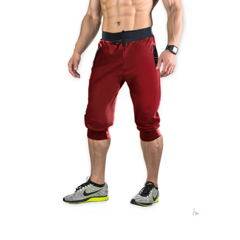 Men's 3/4 Leisure Color Matching Fitness Jogging Pants Tapered Gym Below Knee Shorts Slim Fit Training Capri Jogger