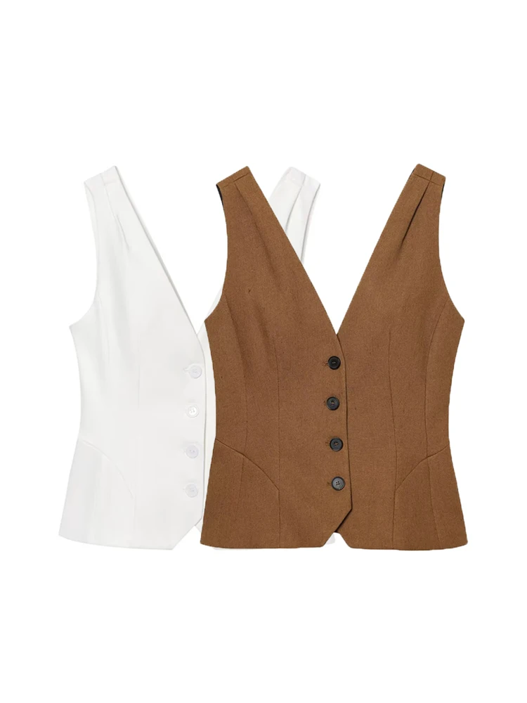 

TRZA Women's Fashion V-Neck Sleeveless Waistcoat Front Button Chic Vest Top Female Outerwear