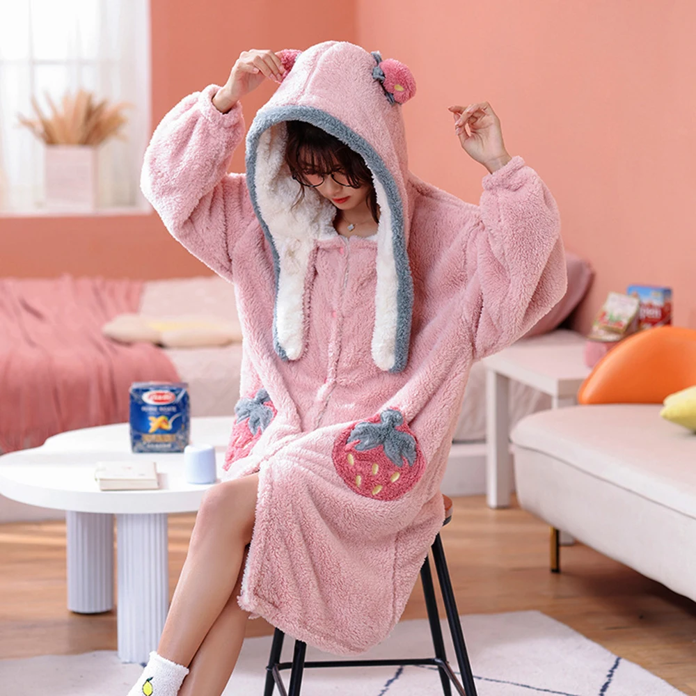 Cartoon Pink Strawberry Nightgown For Women Winter Long Sleeve Hooded Nightdress Soft Flannel Plush Sleepwear Cute Pajamas Dress