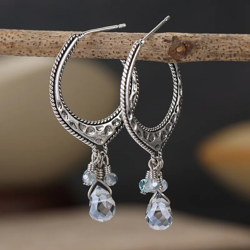 Women's Vintage Semi Circular Dangle Earrings Twisted Edging Inlay Light Blue Spherical Tassels Earrings Bohemian Style Jewelry