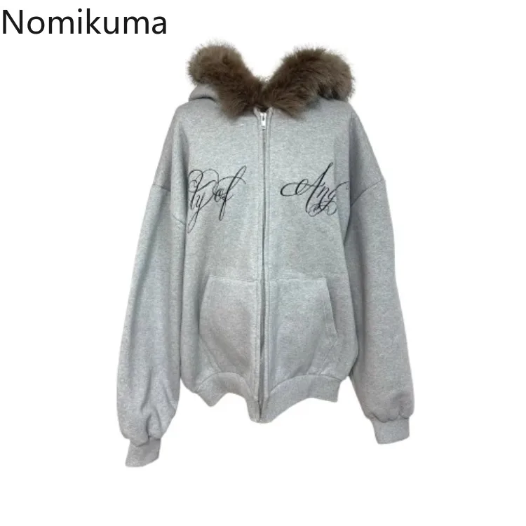 Furry Hooded Sweatshirts Coat Women Clothing Streetwear Fashion Y2k Tops 2024 Ropa Mujer Letter Casual Thicked Zipper Jackets