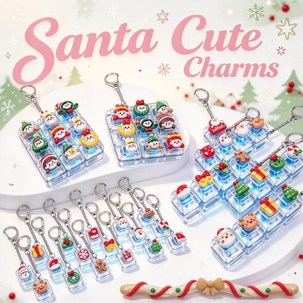 HOT Christmas Light Up Keychain Fidget Keyboard Keycap Acrylic Clicker Stress Relief with LED for Backpack Keyring Decor Gift@