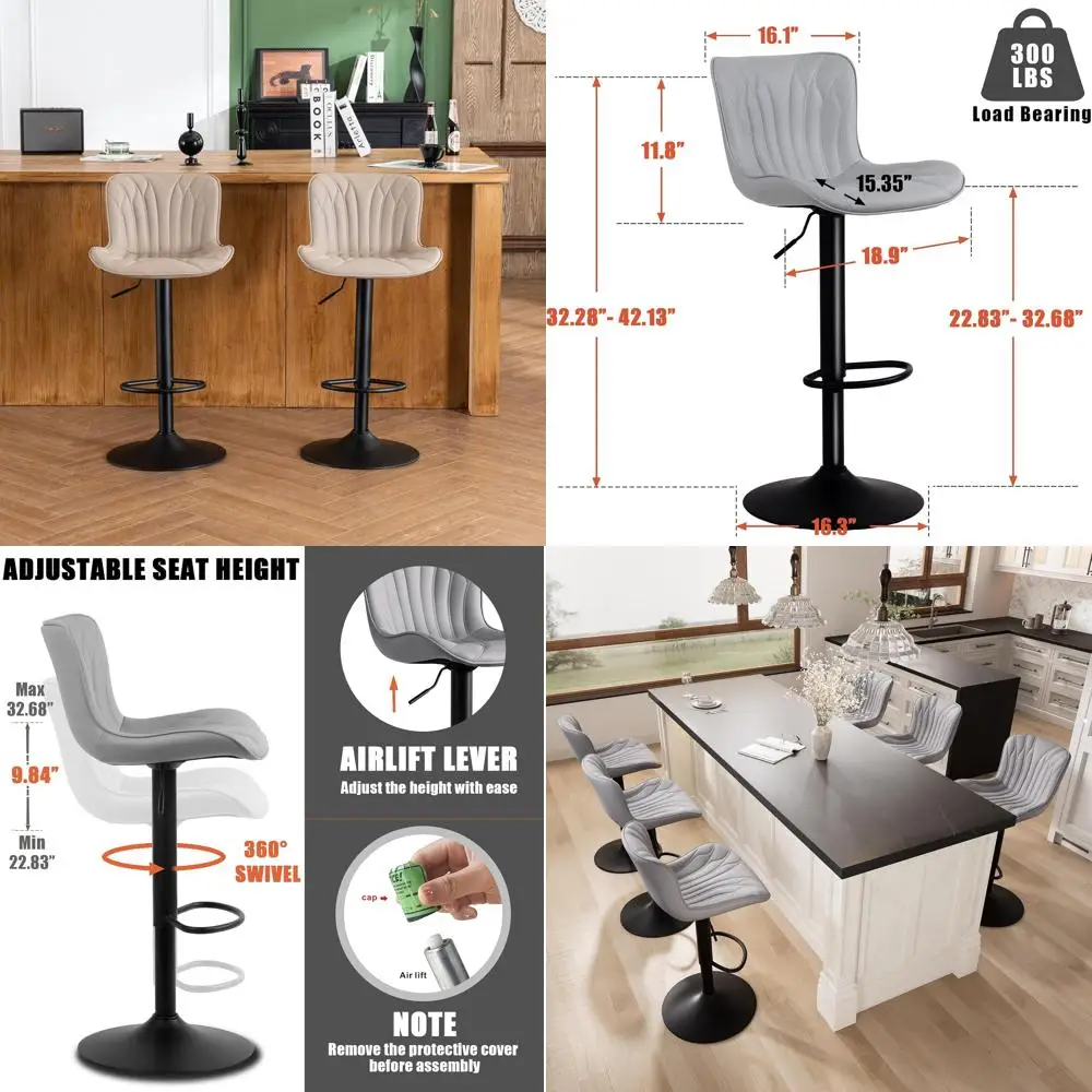 

Modern Swivel Bar Stools Set of 2 in Khaki, Adjustable Counter Height Chairs with Backrest, Faux Leather Padded for Kitchen Isla