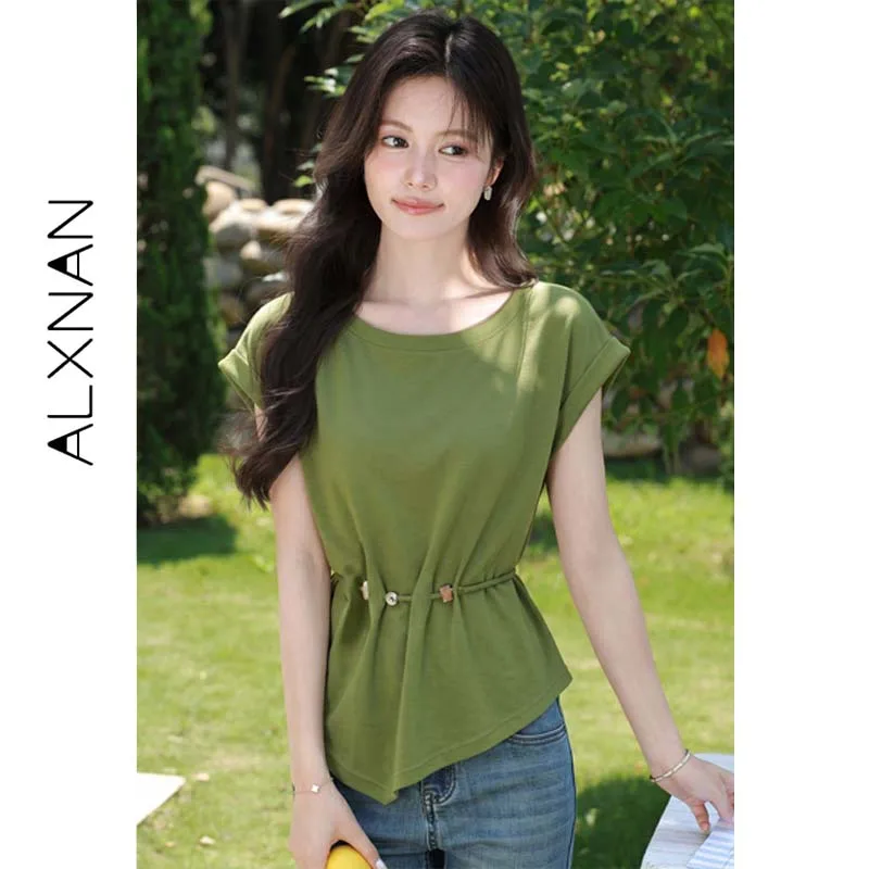 ALXNAN Women Round Neck Greet T-shirt Short Sleeve Top Beaded Belt Irregular Hem Flutter Sleeve Female Casual Tees L65016-9