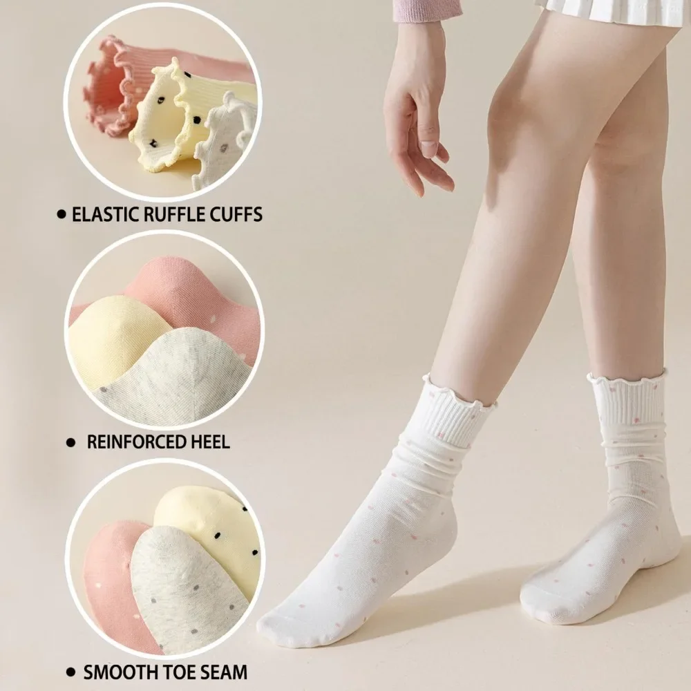 6 Paar Damen-Rüschensocken, lässige Knöchelsocken, atmungsaktive, kühle Strick-Baumwolle, niedliche gepunktete Kleid-Crew-Socken
