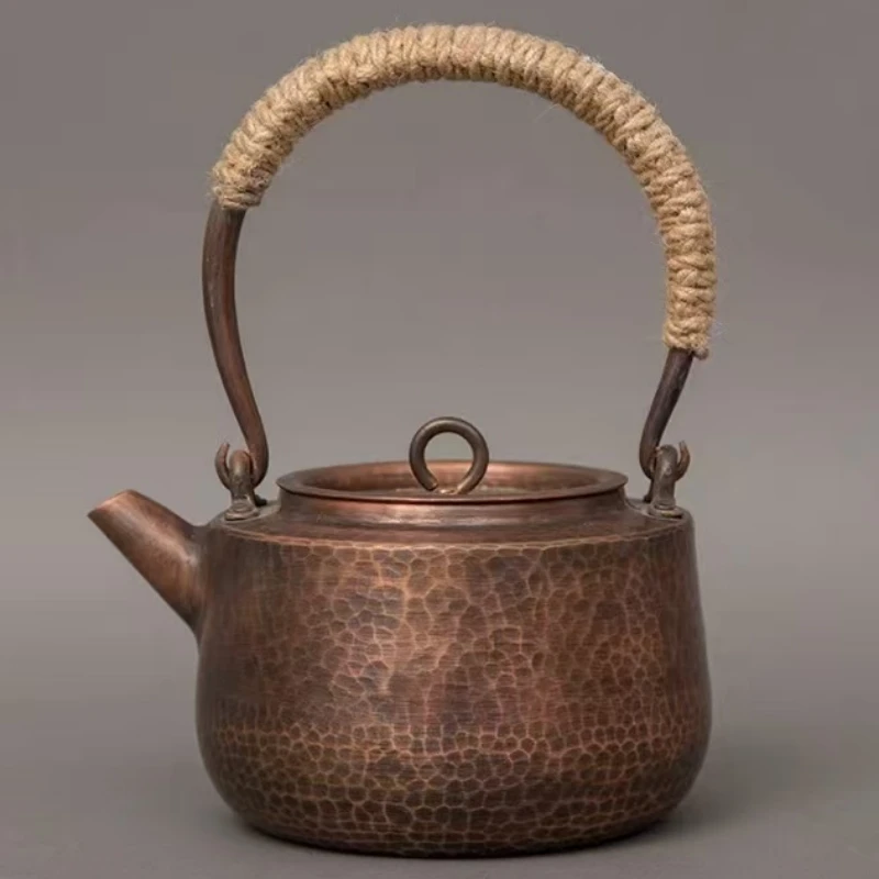 Vintage Copper Boil Water Kettle,Handcrafted Hammer Texture Weave With lid Handheld1.5 L Coffee Pot,Heat Resistant Filter Teapot