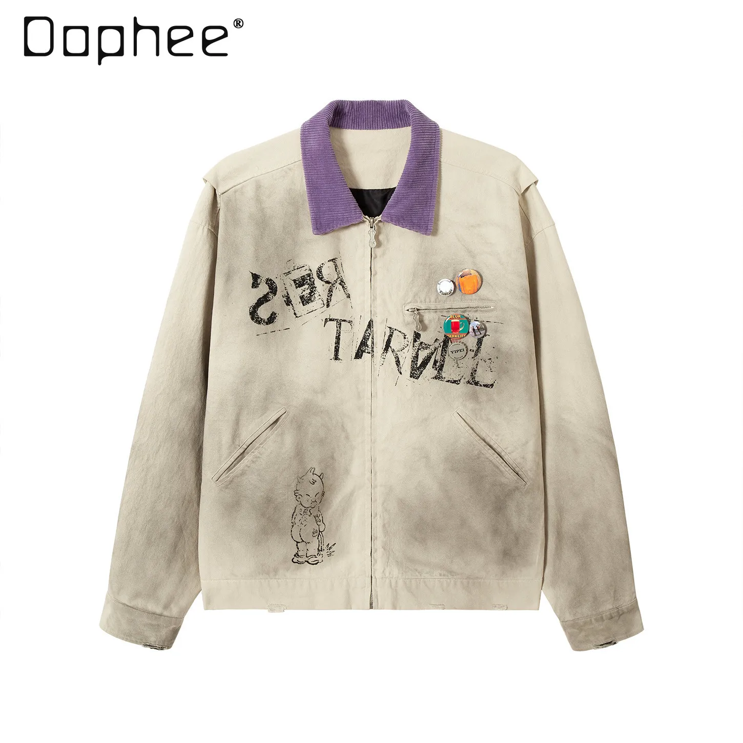 

Spring Autumn New American Retro Street Style Men Badge Decor Letter & Character Print Casual Beige Lapel Long Sleeve Jacket