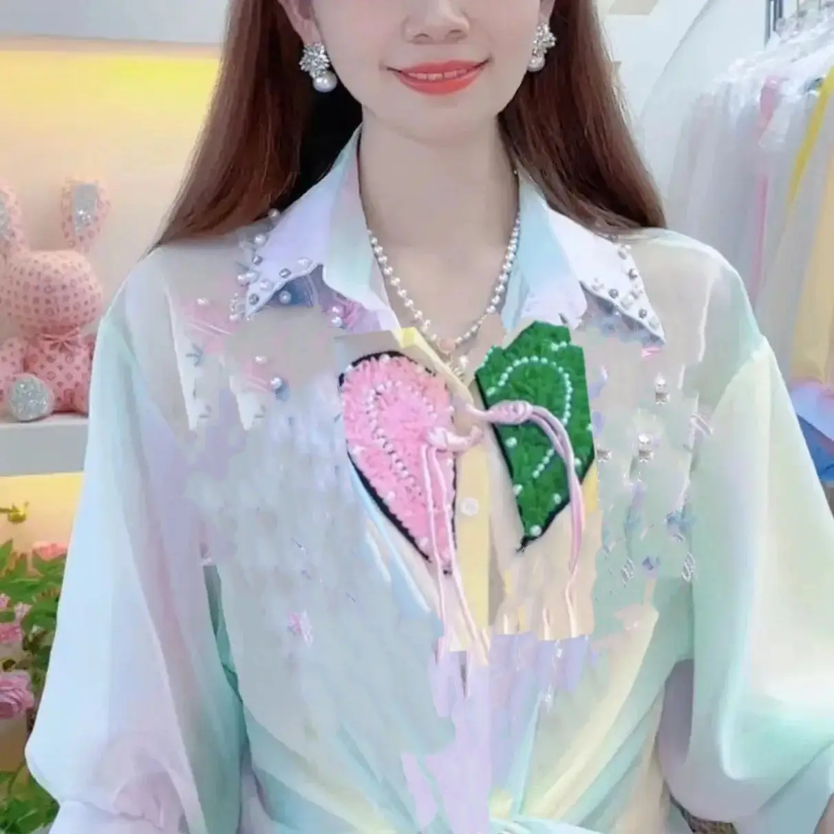 Camisa protetora solar fina cor arco-íris feminina verão amor decoração estilo nacional fivela miçangas decoração camisa solta