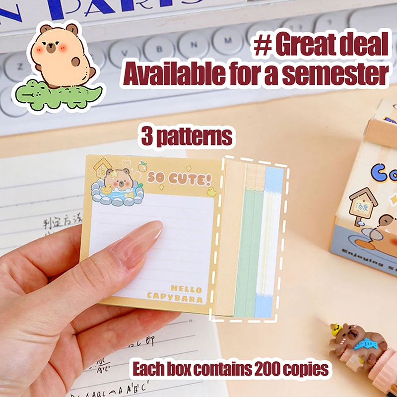 Kawaii Cartoon Non Sticky Notes for Decoration, Paper Note, Tearable Message Post, Kawaii Staacquering, Cute Cartoon, Capybara, DIY Diary, 200 Feuilles