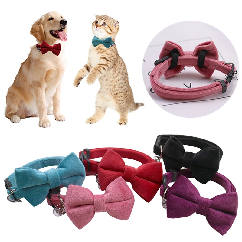 Velvet Cat Collar Solid Color Bowknot Puppy Chihuahua Necklace With Bell Adjustable Safety Buckle Cats Bow Tie Pets Accessories