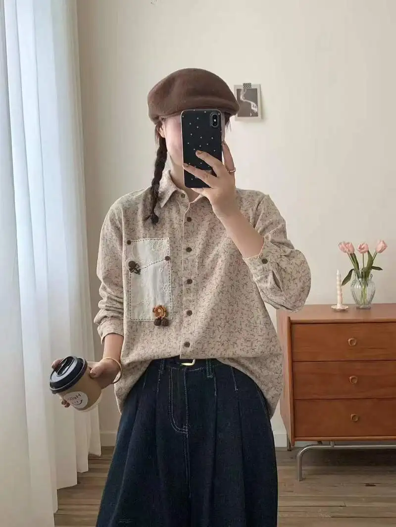 신상품 2025 겨울용 면 긴팔 브러시드 셔츠, 여성용 라펠 프린트 자수, 모리 걸 프레리 시크 루즈 블라우스 T5N556CC