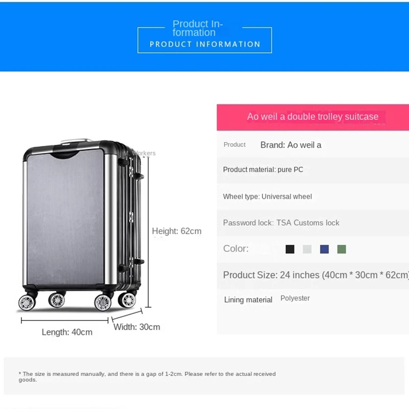 2024 New Fashion Trolley Case Double Trolley Spinner Wheel Couple Travel 20 Inch Cabin Case 24 Inch Aluminum Frame Lockbox