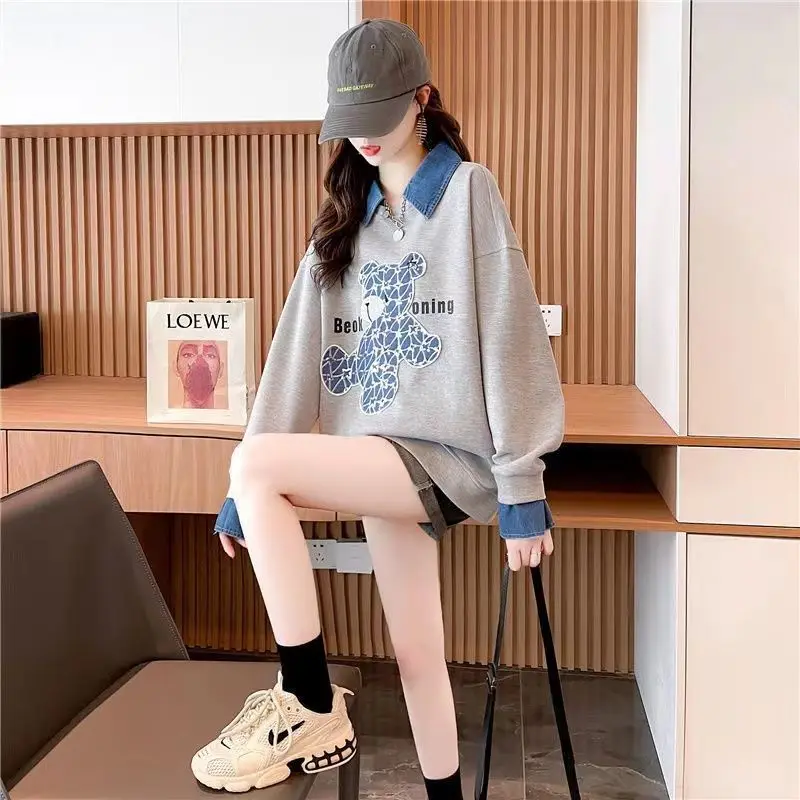 Women Clothing Patchwork Fake Two-piece Hoodies Spring Autumn New Long Sleeve Printing Loose Youth Casual Tops Fashion Korean