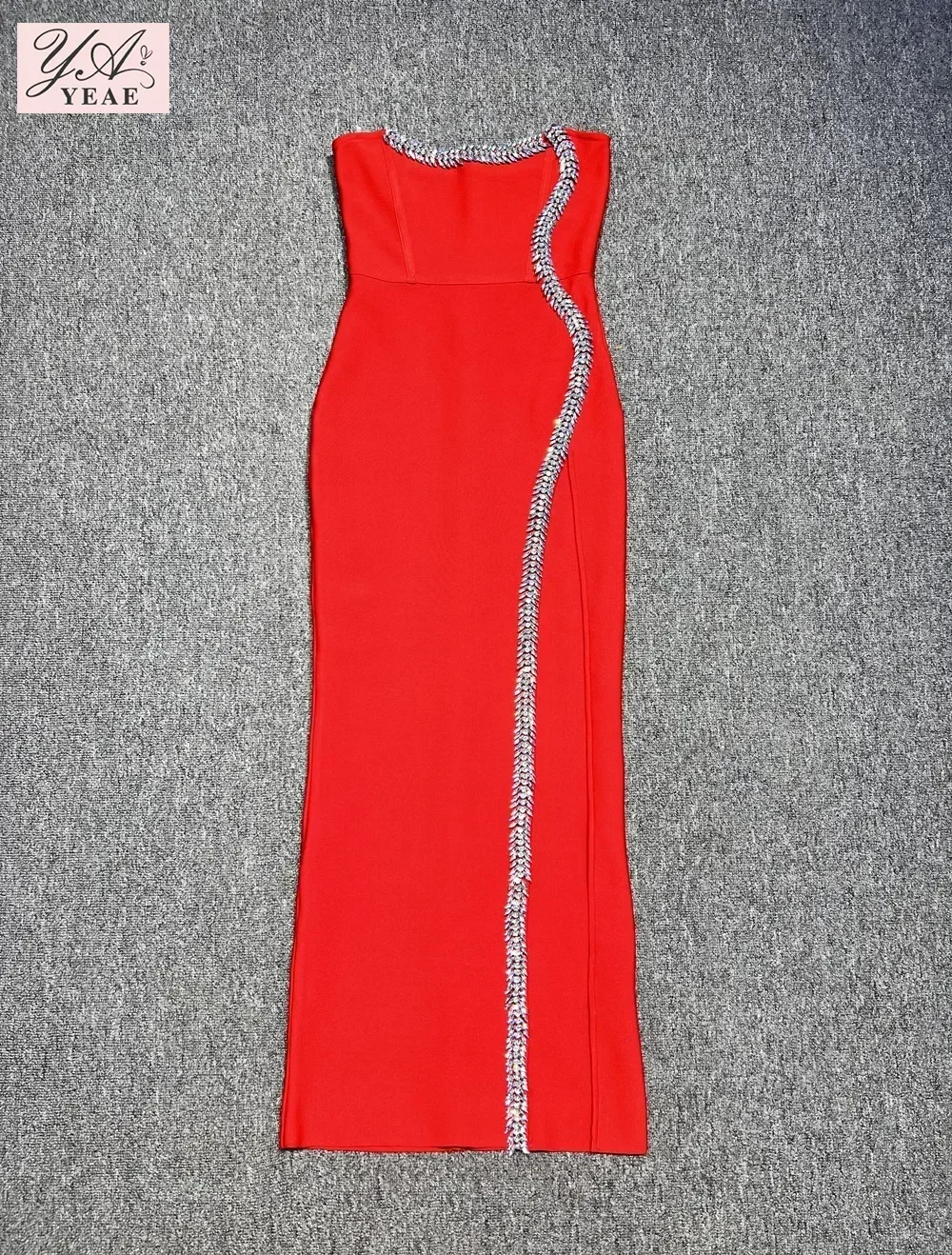 2024 New Arrival Red Color Women Sexy Strapless Diamond Line Bodycon Bandage Long Dress High Split Fashion Evening Party Outfit