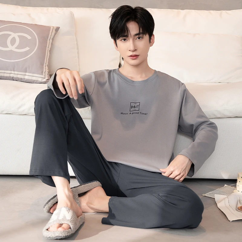 

2025 хлопковый мужской пуловер, одежда для сна, осень-весна, ночная рубашка с длинными рукавами, комплект из 2 предметов, мужской пижамный комплект, большие размеры 2XL 3XL, домашняя одежда