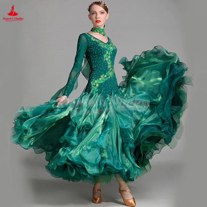 The New Style Ballroom Dance AB Stones Long Sleeves Dresses with Necklace Female Waltz Foxtrot Quickstep Competition Clothing