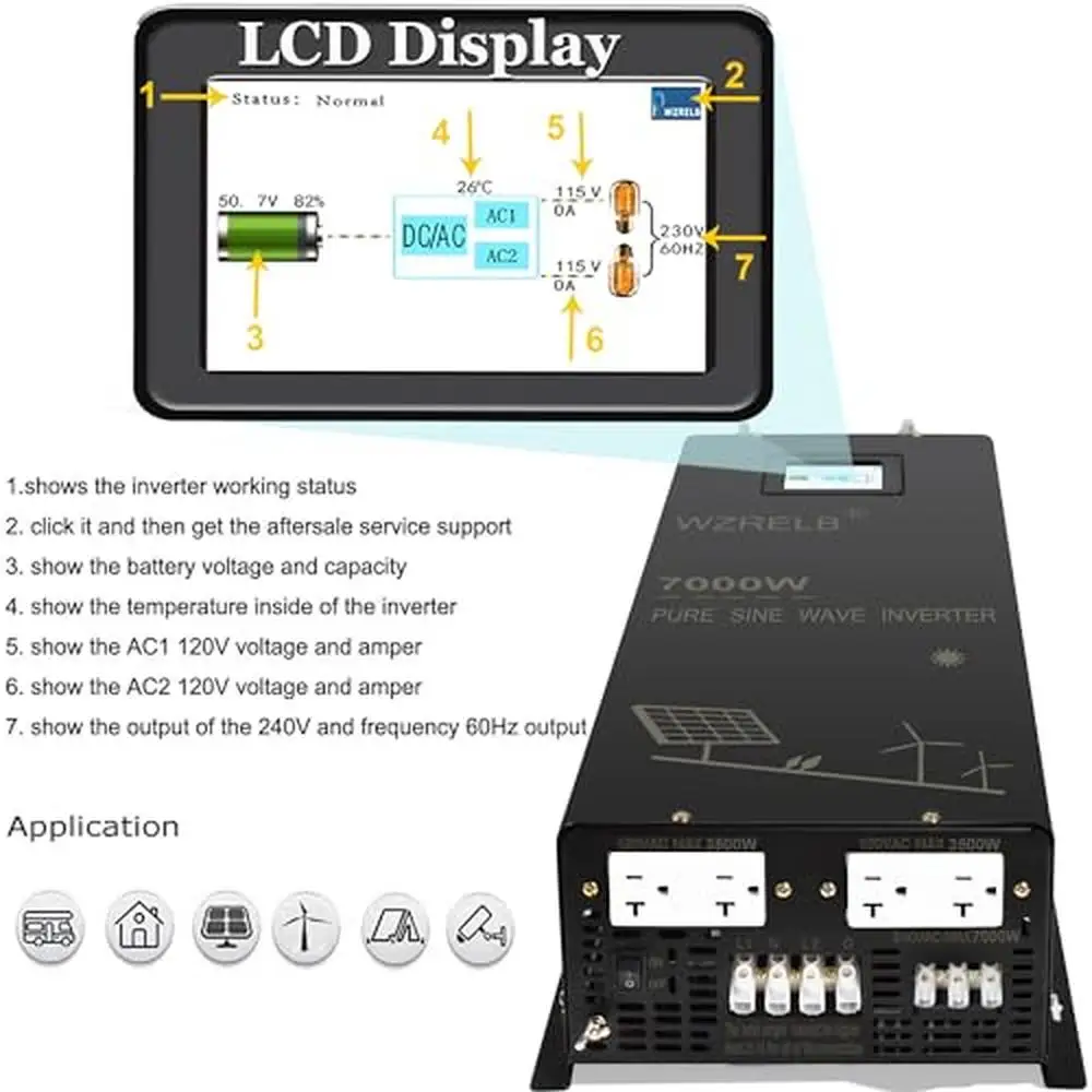 7000W 24V True Sine Wave Power Inverter 120V 240V Split Phase Dual Outlets LCD Display Remote Controller High Efficiency