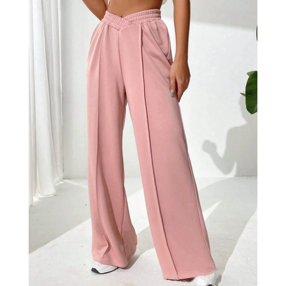 2024 New Fashion Women Ruched Fold Shirred Wide Leg Pants Female Casual High Waist Solid Trousers Fashion Street Outwear