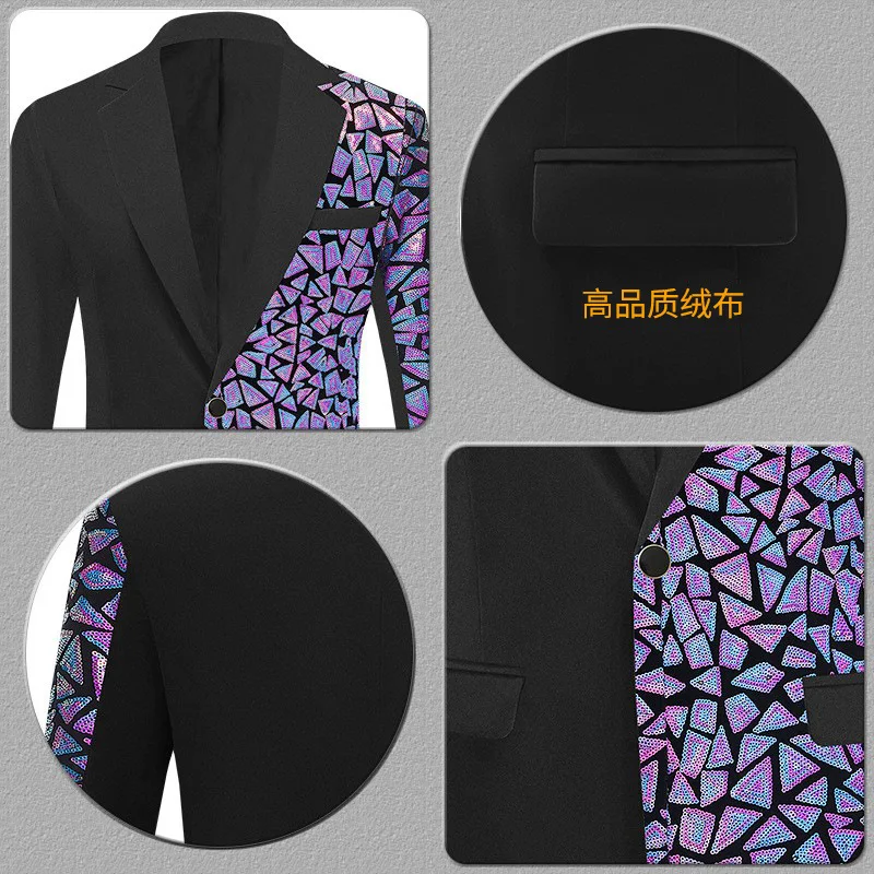 Luxury Purple Laser Sequin Patchwork Blazer Jacket Men One Button Peack Collar Tuxedo Suit Blazer Mens Stage Prom Singer Costume