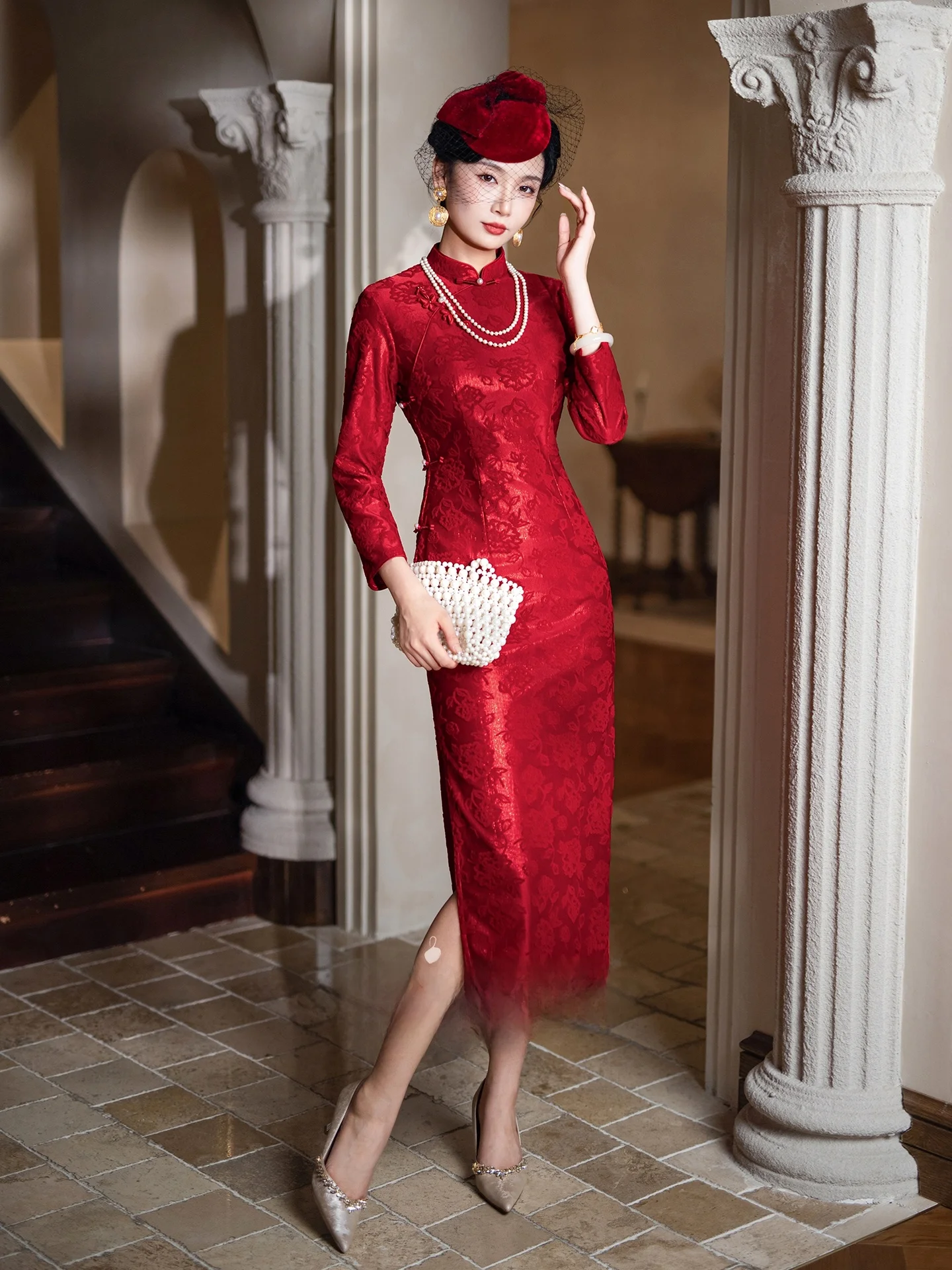 

Red Long Sve Mom's Sle New Chinese Version Young And Ele Evening Gown High Quali Suitable for Year End C...