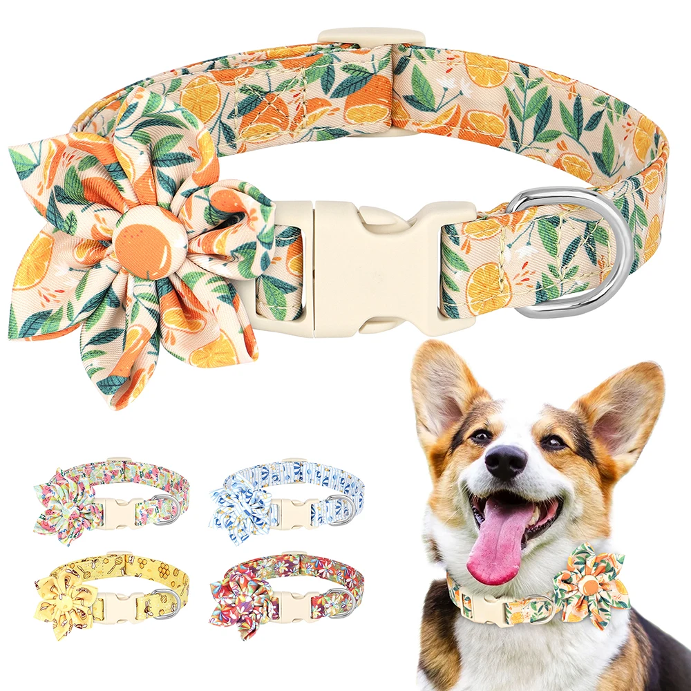 

Nylon Dog Collar With Flower Accessories Print Pet Dog Collars Necklace Adjustable For Small Medium Large Dogs Puppy Chihuahua