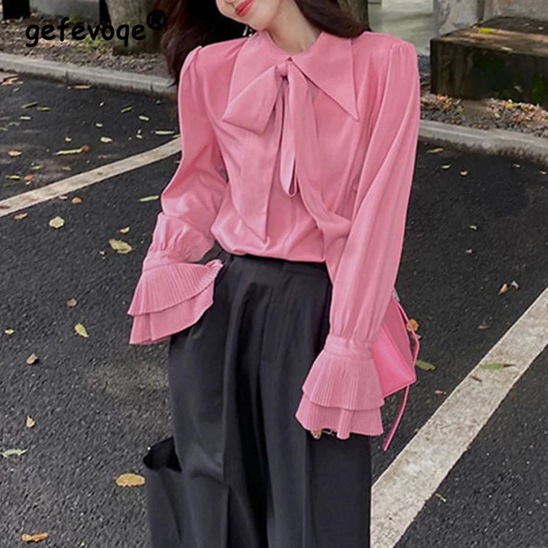 

Spring Fashion Sweet Chic Pointed Collar Bow Lace Up Pink Street Button Up Shirts Casual Long Sleeve Slim Tops Blouses for Women