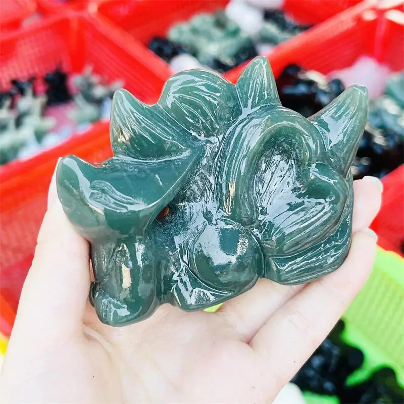 Natural Jade Fox Nine-tailed Fox Carving Reiki Engraving Healing Gemstone Crafts Home Office Decor 1PCS