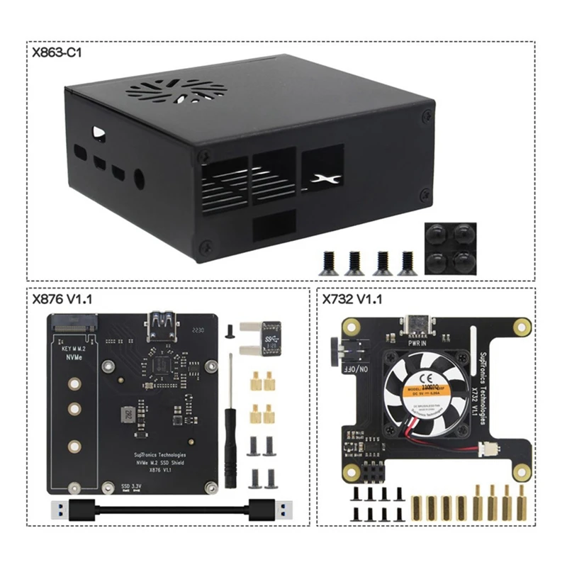 X876 M.2 NVME SSD Expansion Board+X732 Power Expansion Board With X863-C1 Metal Shell + Cooling Fan NAS Storage Module