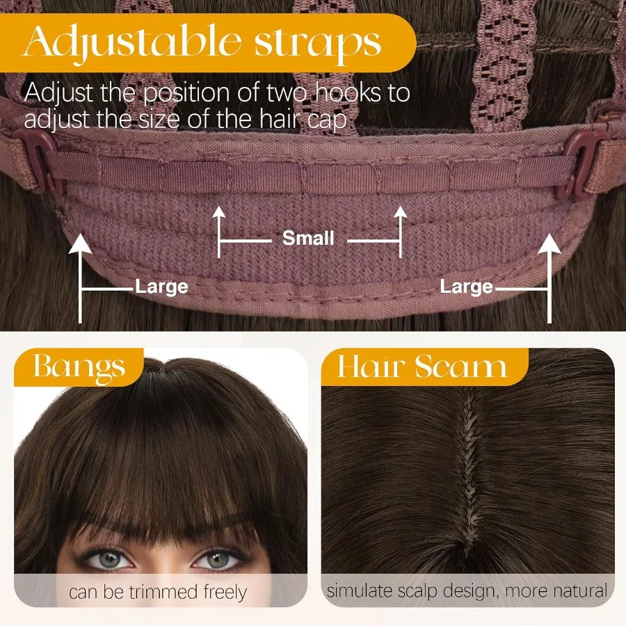 باروكة قصيرة مموجة بنية اللون للنساء بطول 12 بوصة مجعدة بطول الكتف مع غرة شعر مستعار صناعي ناعم مثالي لـ Da