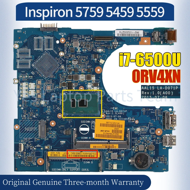 AAL15 LA-D071P For Dell Inspiron 5759 5459 5559 Laptop Mainboard CN-0RV4XN SR2EZ i7-6500U Notebook Motherboard 100％ Tested