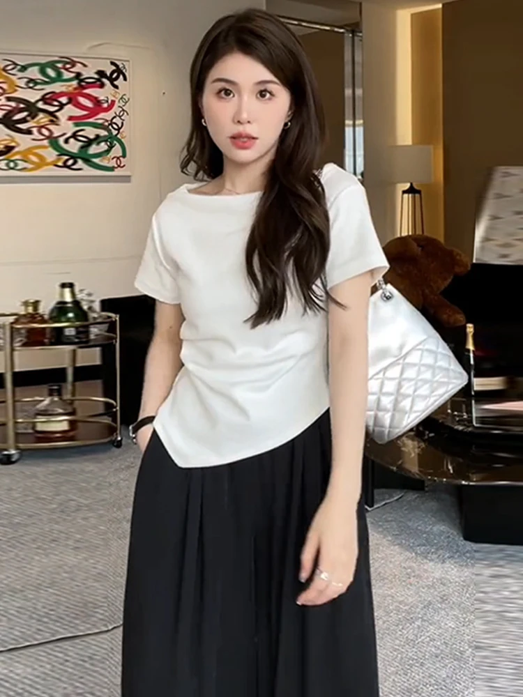 

Футболка больших размеров Spicy Girl One oulder ort Sve, женская летняя утягивающая асимметричная ключица Ele Top, корейский Sle C...