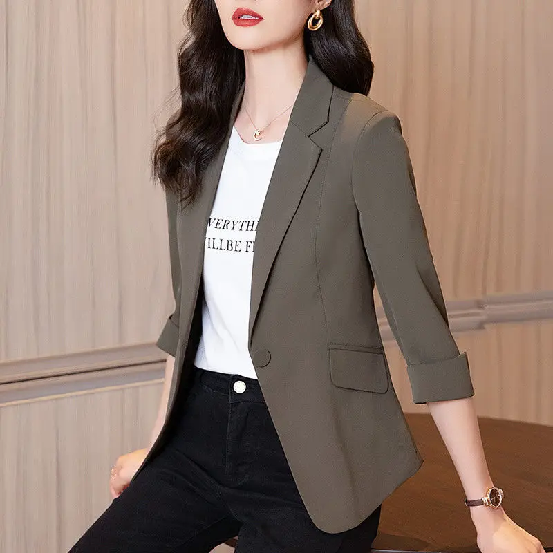 2024Women\'s Spring Autumn New Fashion Simplicit Solid Color Polo Collar Button Korean Versatile 3/4 Sleeves Slim Fit Suit Tops