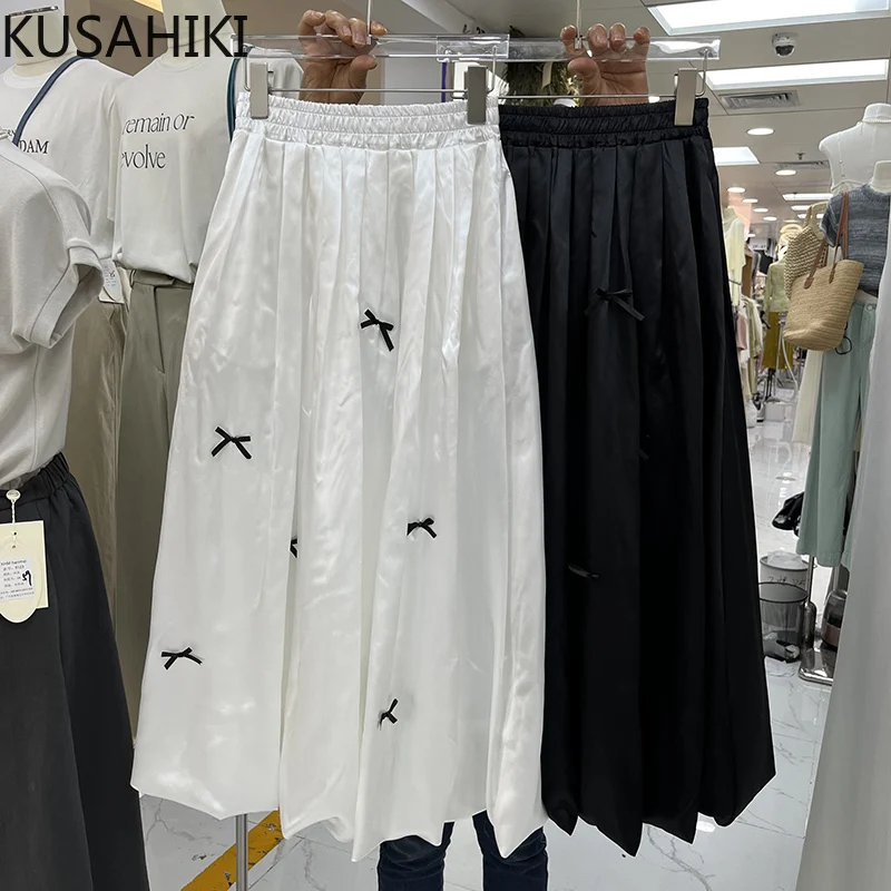 KUSAHIKI Korean Bow Decoration Flower Skirt Women's Long Pleated A-line Skirts Faldas De Mujer 2024 Sprign Summer New