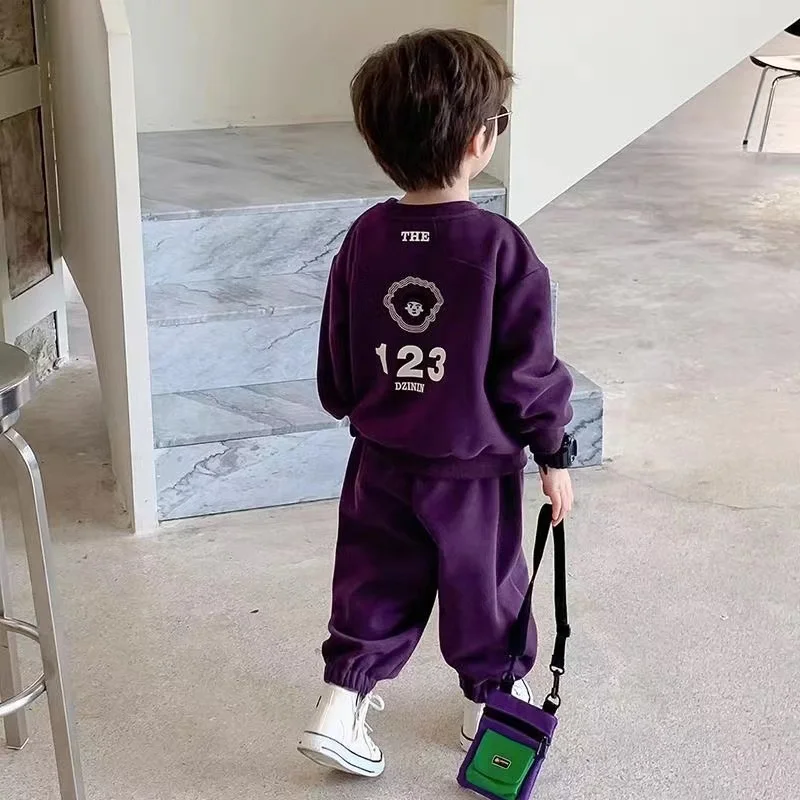 Boys One Piece Velvet Sweater Set Spring and Autumn 2024 New Style Children's Cool Children's Wear Boys Sportswear Two Piece Set