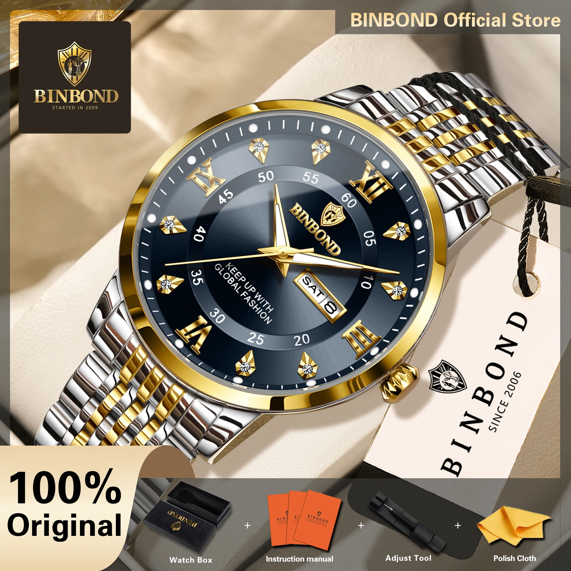BINBOND Precise Quartz Wristwatches For Men Luminous Waterproof Week Display Men's Watch Stainless Steel Reloj Luxury +Box