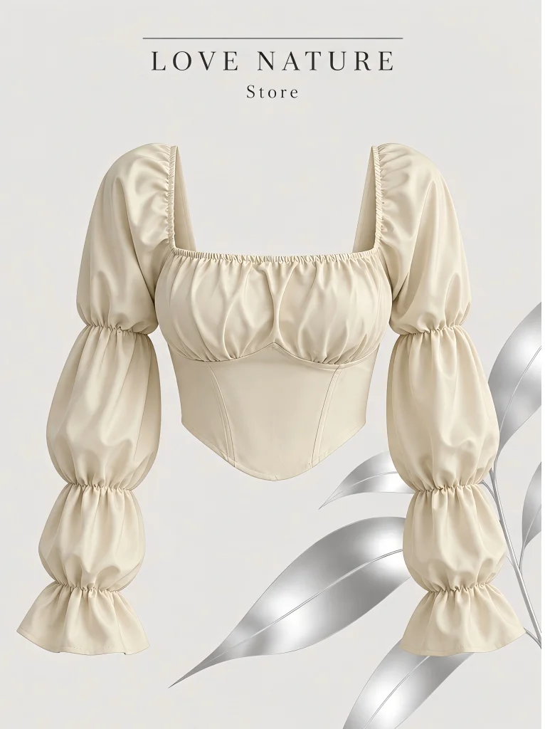 【LOVE NATURE Store】Women’s Beige Satin Corset Crop Top, Ruched Long Puff Sleeve Bustier