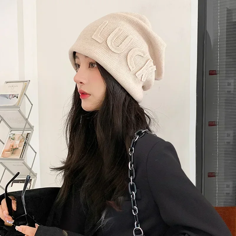 Fashion Cotton Big Headband Retro Knitted Woolen Hat Sticker Letter Stacked Hat Women's Warm Ear Protection Cap MX1356