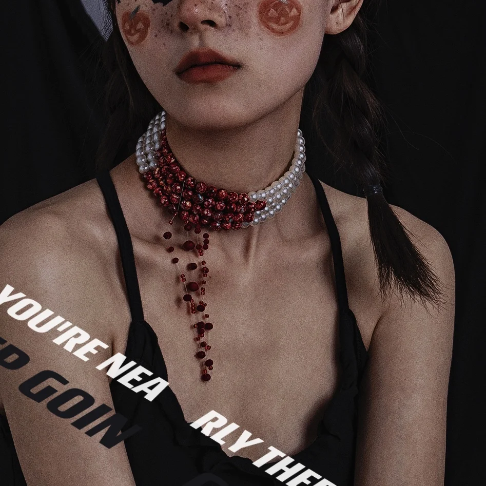 

Tears of Blood Halloween Bloody Mary Imitation Pearl Blood Punk Goth Sweet Cool Blood Drop Tassel Necklace