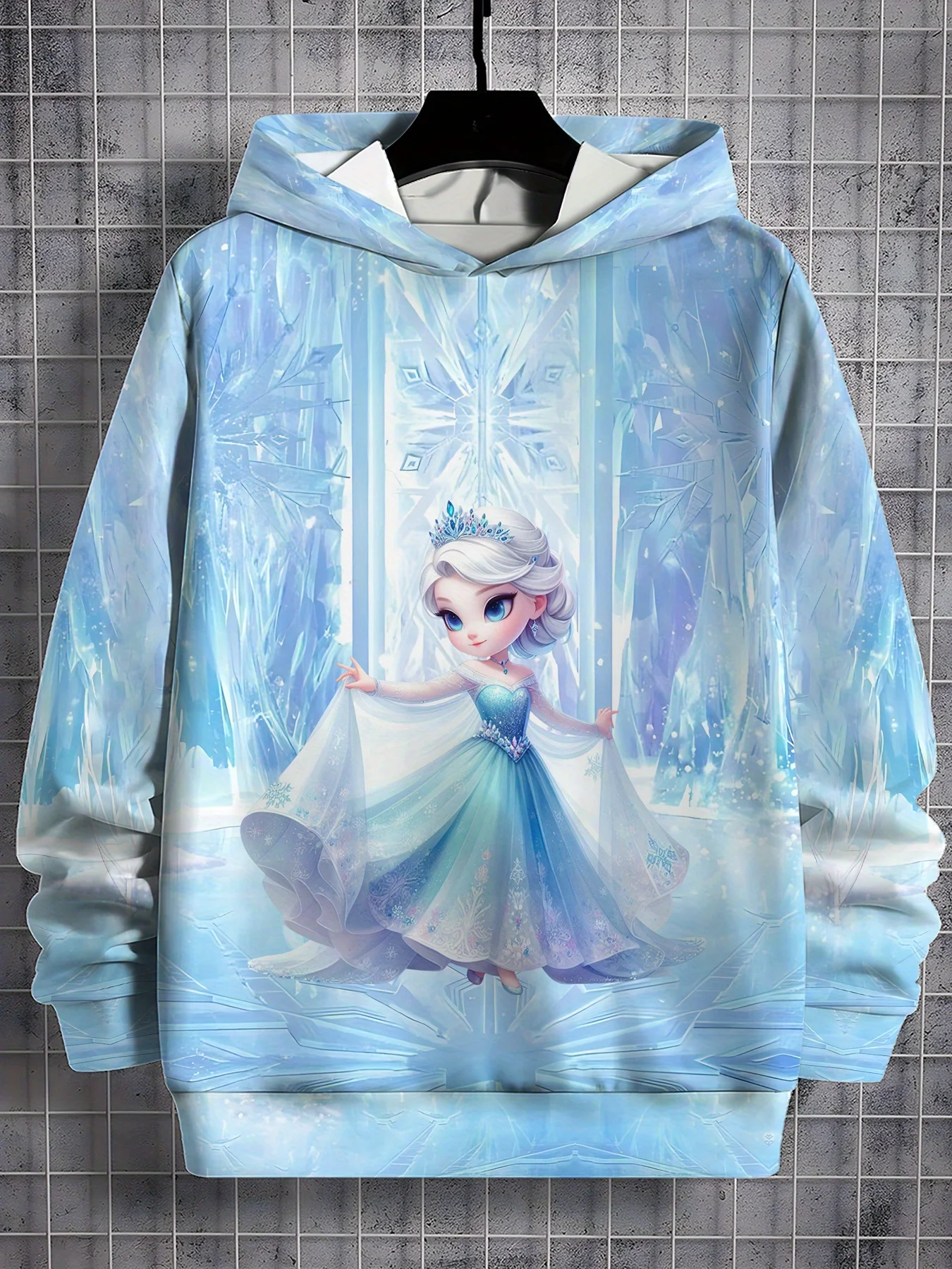 

[Disney Elsa Hoodie] Disney Elsa Hoodie - Light Blue 3D Printed Cartoon Long Sleeve Pullover with Sparkling Snowflake Design