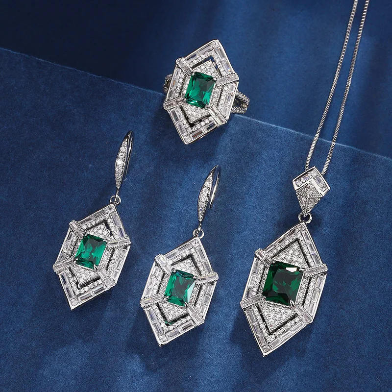 Jewelry set with copper base gold plating, featuring a niche style and emerald green main stone 8*10-6*8