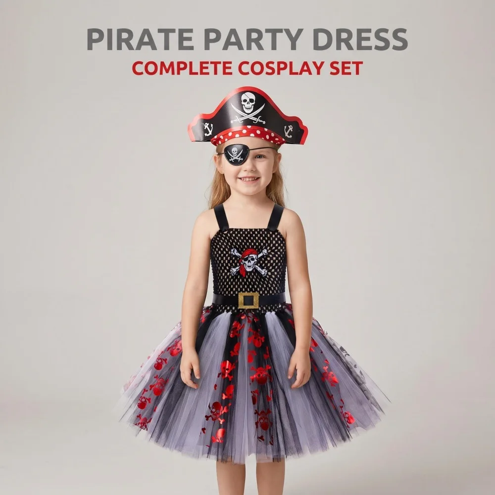 Girls Pirate Skull Print Mesh Mesh Tutu Dress Sleeveless With Accessories Outfit Halloween Carnival Party Role Play Fashion Set