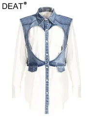 DEAT Fashion Women's Denim Shirt Lapel Loose Hollow Out Single Breasted Denim Splice Fake Two Pcs Blouse Summer 2024 New 17A8112